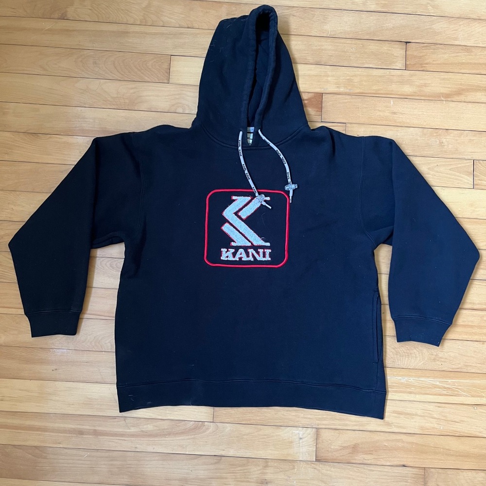Karl Kani Mens Black Chenille Logo Pullover Hoodie XL Streetwear Hip Hop Retro